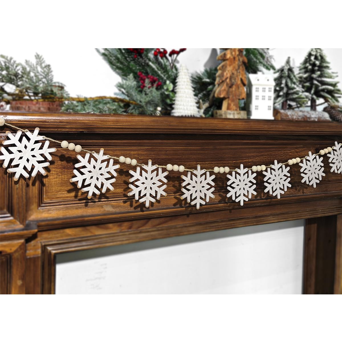 Garland Christmas Decorations Indoor Outdoor: 6.5ft Farmhouse Winter Snowflake Wood Beads Christmas Decor, Elegant Rustic Snowflake Xmas Ornaments Banner for Home Wall Mantel Fireplace Window Patio