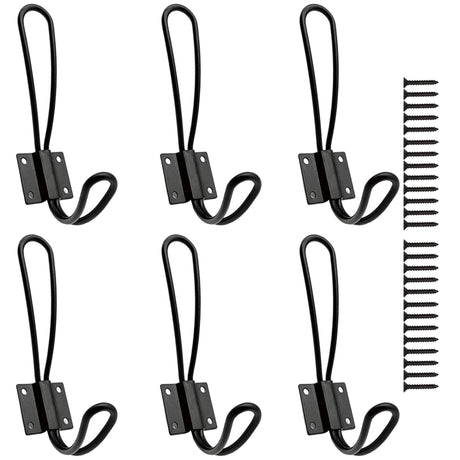 Hajoyful Rustic Entryway Hooks-6 Pack Farmhouse Hooks with Metal Screws Included, Black Decorative Wall Mounted Rustic Coat Hooks Rack, Double Vintage Organizer Hanging Wire Hook Clothes Hanger Hajoyful