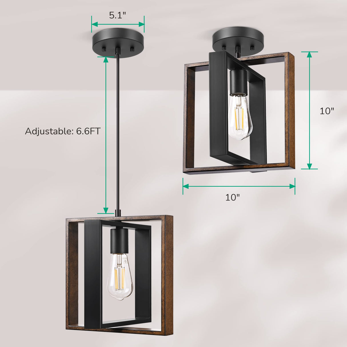 EDISHINE Farmhouse Pendant Light Fixture, Rustic Hanging Light Fixture with Wood Grain and Black Finish, Pendant Lighting for Kitchen Island, Dining Room, Hallway, Adjustable Cord EDISHINE