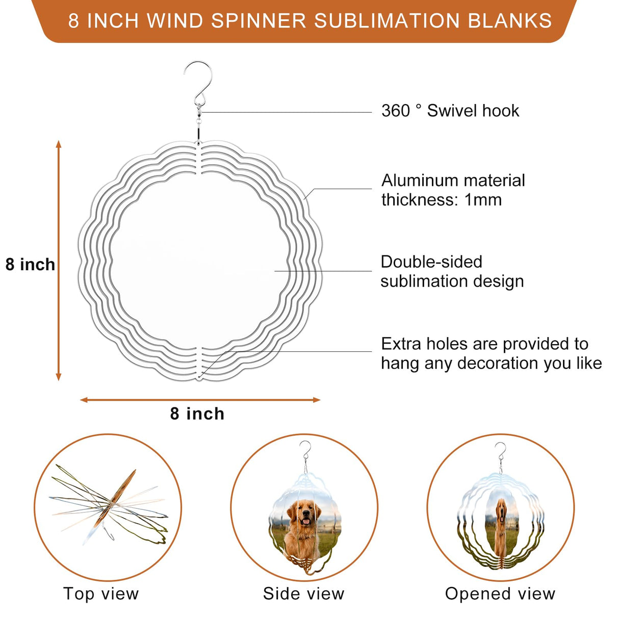 Remiawy Sublimation Wind Spinner Blanks, 8 Inch 5 Pack 3D Aluminum Metal Hanging Wind Spinners Sublimation Blanks Kinetic Sculpture DIY Crafts for Yard Garden Indoor Outdoor Porch Decoration Round REMIAWY
