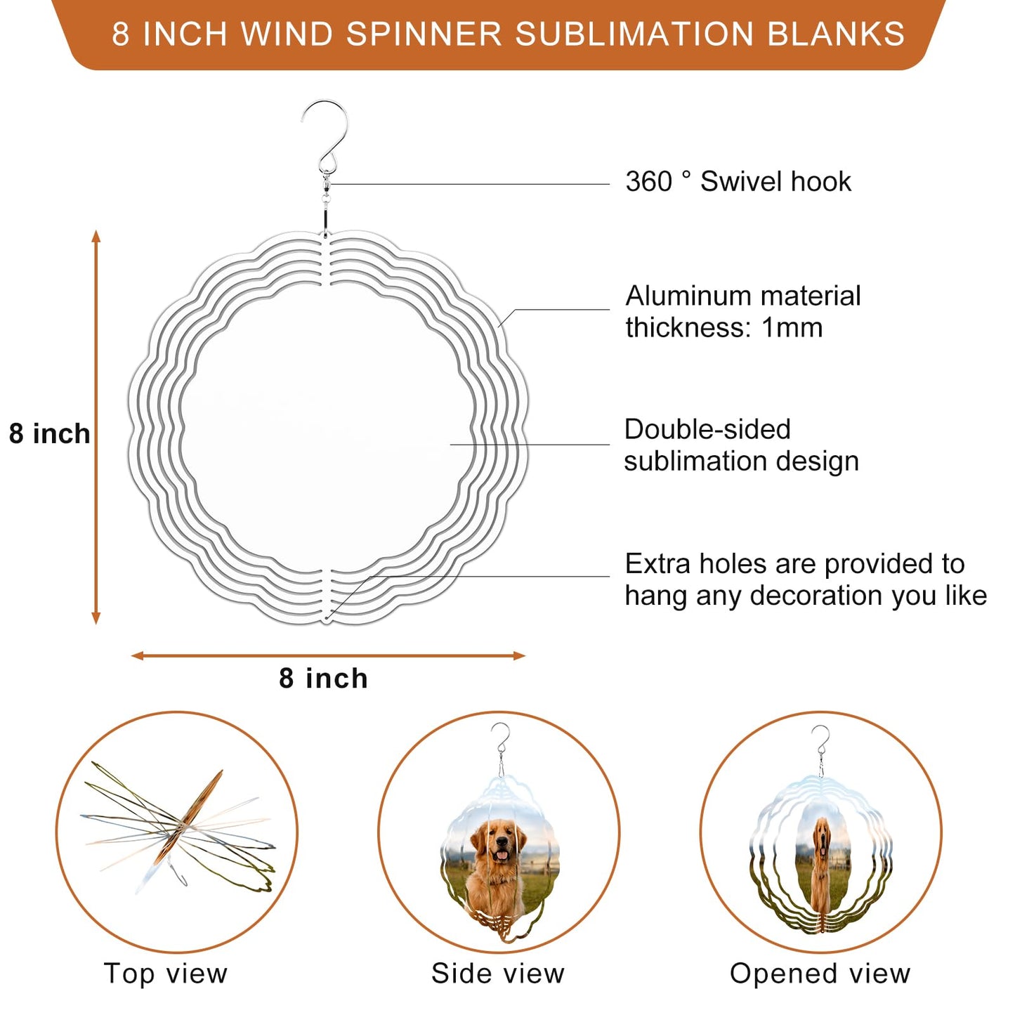 Remiawy Sublimation Wind Spinner Blanks, 8 Inch 5 Pack 3D Aluminum Metal Hanging Wind Spinners Sublimation Blanks Kinetic Sculpture DIY Crafts for Yard Garden Indoor Outdoor Porch Decoration Round