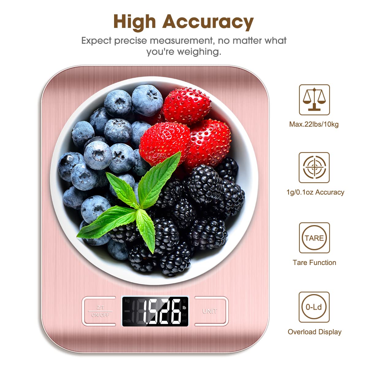 Mik-Nana Food Scale Pink, 10kg/22lb Digital Kitchen Scale Weight Grams and Oz for Baking and Cooking, 1g/0.1oz Precise Graduation, Easy Clean Stainless Steel Mik-Nana
