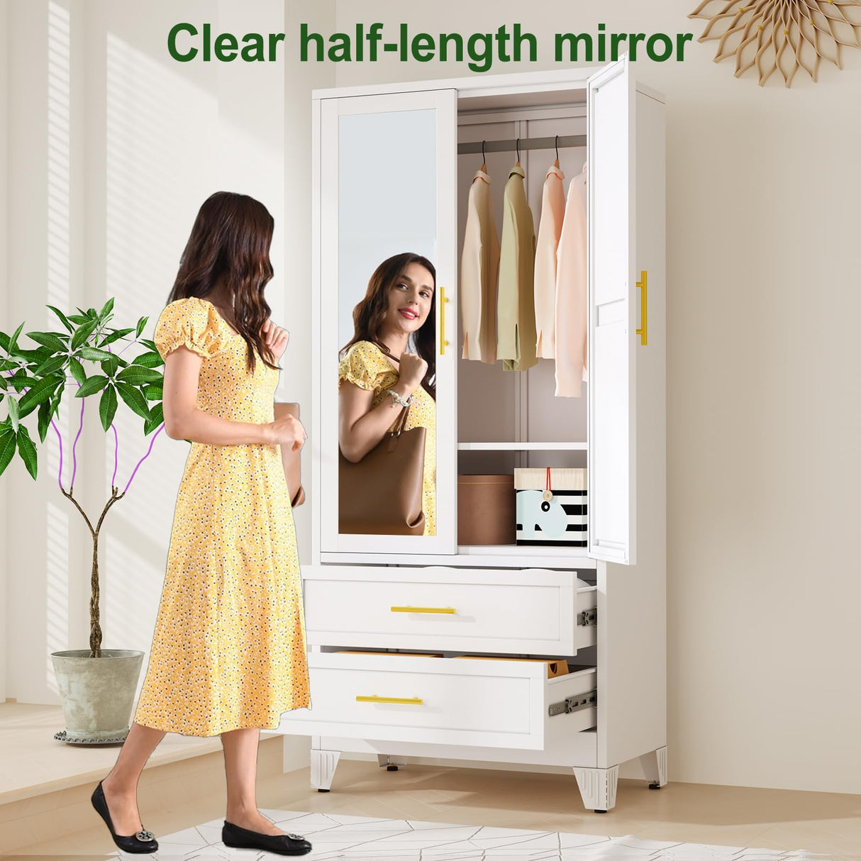 winiowa Metal Armoire Wardrobe Closet with 2 Drawers, 71" Wardrobe Cabinet with Adjustable Shelves and Hanging Rod, Clothing Storage Cabinet Closet with Mirror for Bedroom-White winiowa