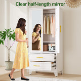 winiowa Metal Armoire Wardrobe Closet with 2 Drawers, 71" Wardrobe Cabinet with Adjustable Shelves and Hanging Rod, Clothing Storage Cabinet Closet with Mirror for Bedroom-White winiowa