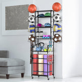 Shinoske Ball Storage Rack with Wheels,6-Tier Basketball Rack with Storage Basket and Hooks,Multi Use Garage Sports Equipment Organizer,for Sports Gear,Volleyball,Football,Indoor/Outdoor Use,Black Shinoske