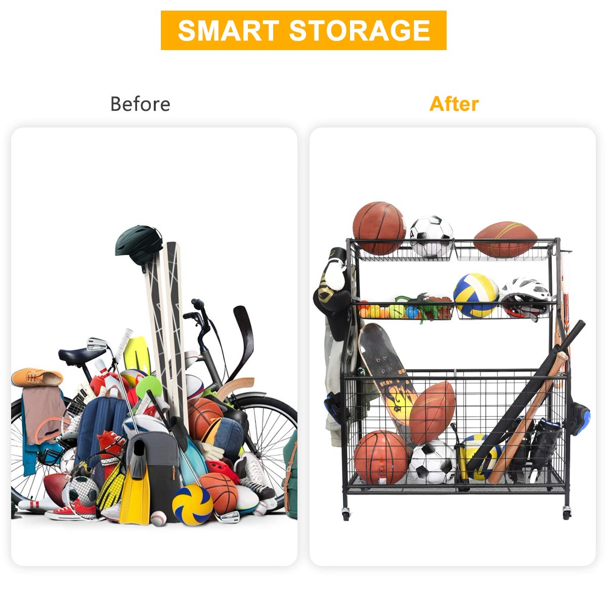 Kinghouse Sport Equipment Organizer for Garage, Steel Basketball Rack with Baseball Bat Holder and Hooks, Easy Assembly Storage for Balls, Kids' Toys, and Workout Gear in Basement, Home Gym, Outdoor Kinghouse