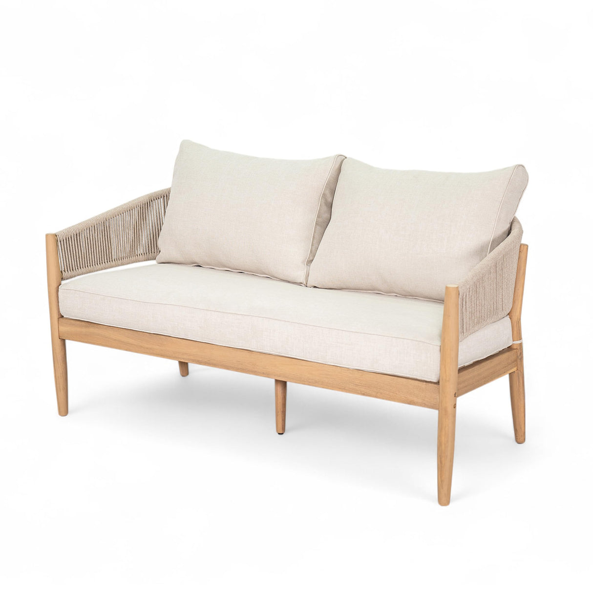 Christopher Knight Home Katarina Patio Acacia Wood Loveseat Furniture, Outdoor Loveseat Sofa with Comfy Fabric Cushions, 2-Seater Sofa with Handwoven Rope Backrest for Garden, Light Brown+Beige Christopher Knight Home