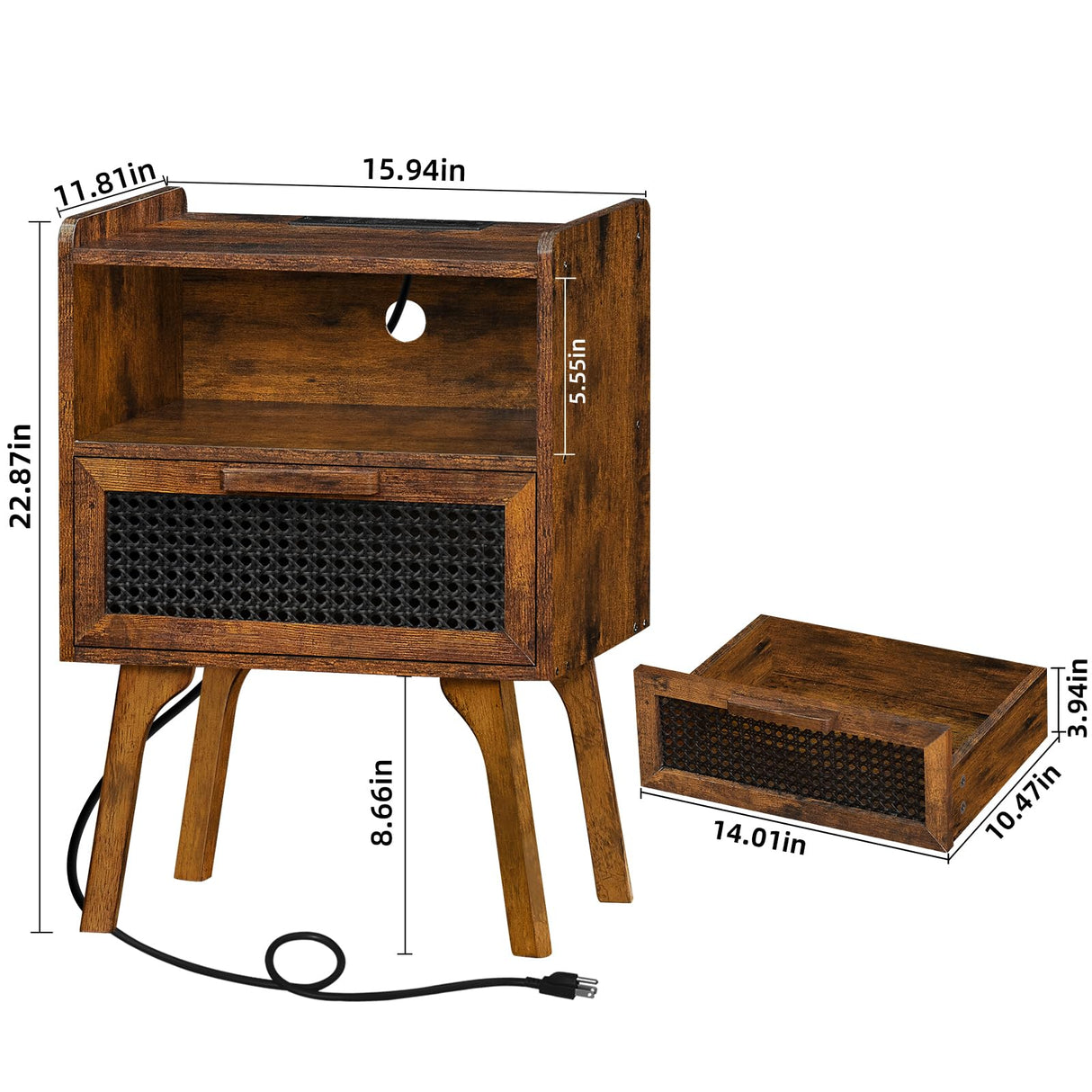 Lerliuo Rattan Nightstands Set of 2 with Charging Station, Boho Side Table with Drawer Open Shelf, Cane Accent Bedside End Table with Solid Wood Legs for Bedroom, Dorm and Small Spaces (Brown) Lerliuo