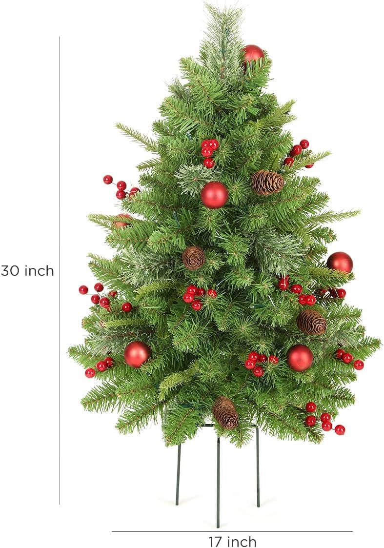 KING BIRD 2 Set 30 Inch Outdoor Christmas Tree, Pre-Lit LED Christmas Porch Decorations Outdoor Tree, 260 Branch Tips Lush, Pine Cones, Red Berries and Red Ball