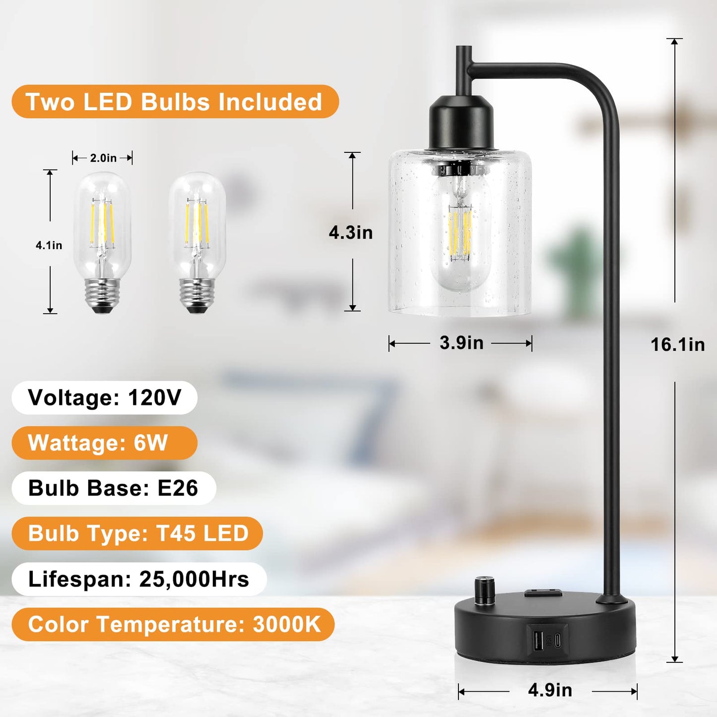 Industrial Table Lamps for Bedrooms Set of 2 - Fully Dimmable Bedside Lamps with USB A and C Ports and Outlet, Black Nightstand Lamps with Glass Shade for Living Room, Desk Lamps for Office R - WoodArtSupply