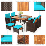 COSTWAY 9PCS Patio Rattan Dining Set Cushioned Chairs Ottoman Wood Table Top Turquoise COSTWAY