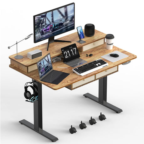 ExaDesk 48 * 30 Inches Electric Standing Widened Desk Adjustable Height with 4 Drawers, Double Storage Shelves Stand Up Desk, Home Office Workstation Sit Stand up Desk (Light Rustic Brown) ExaDesk