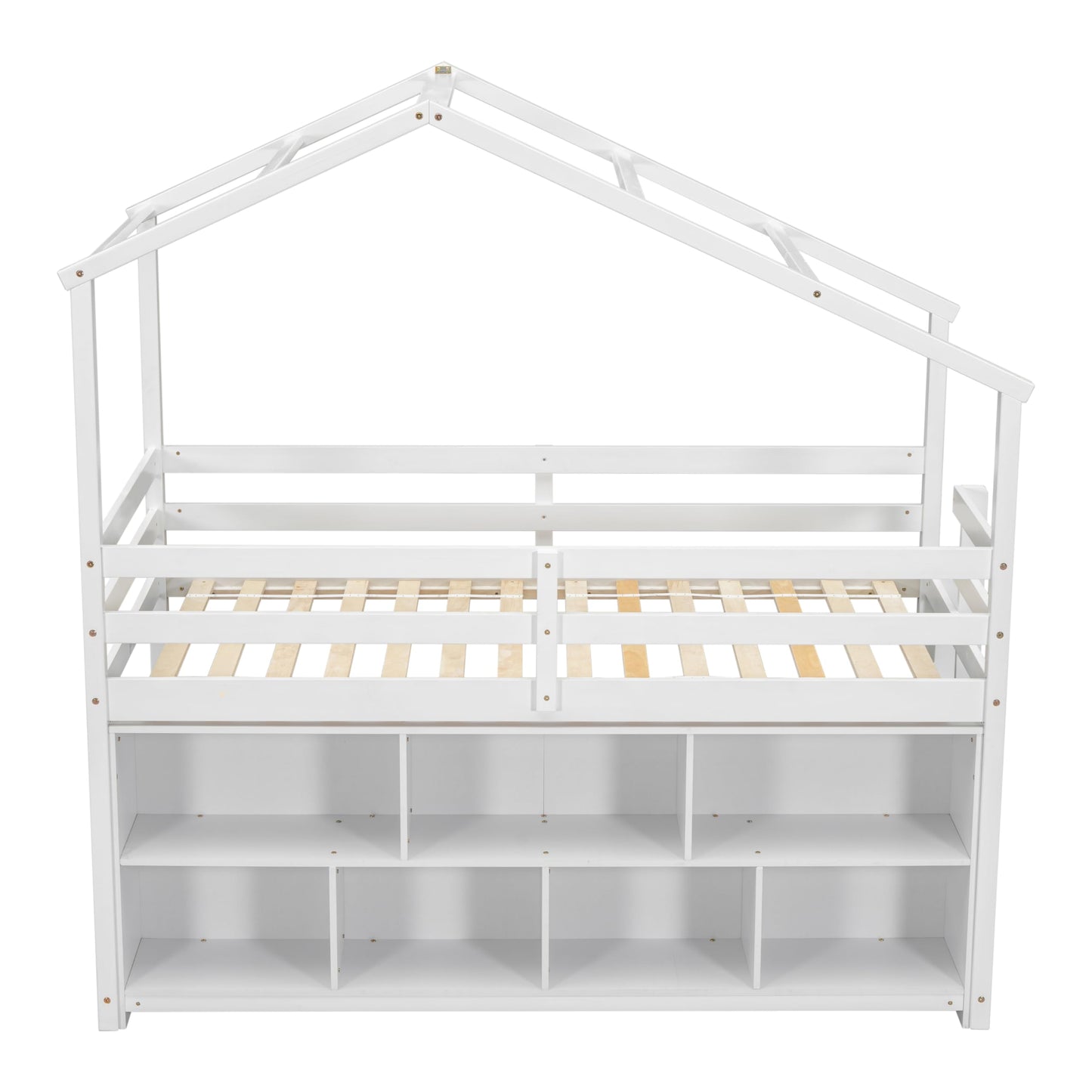 UOCFYK Twin Size House Loft Bed with Shelves & Roof for Kids Boys Girls, Solid Wood Bedframe w/Safety Guardrails & Wooden Slats Support,Easy Assemble & No Box Spring Needed, White