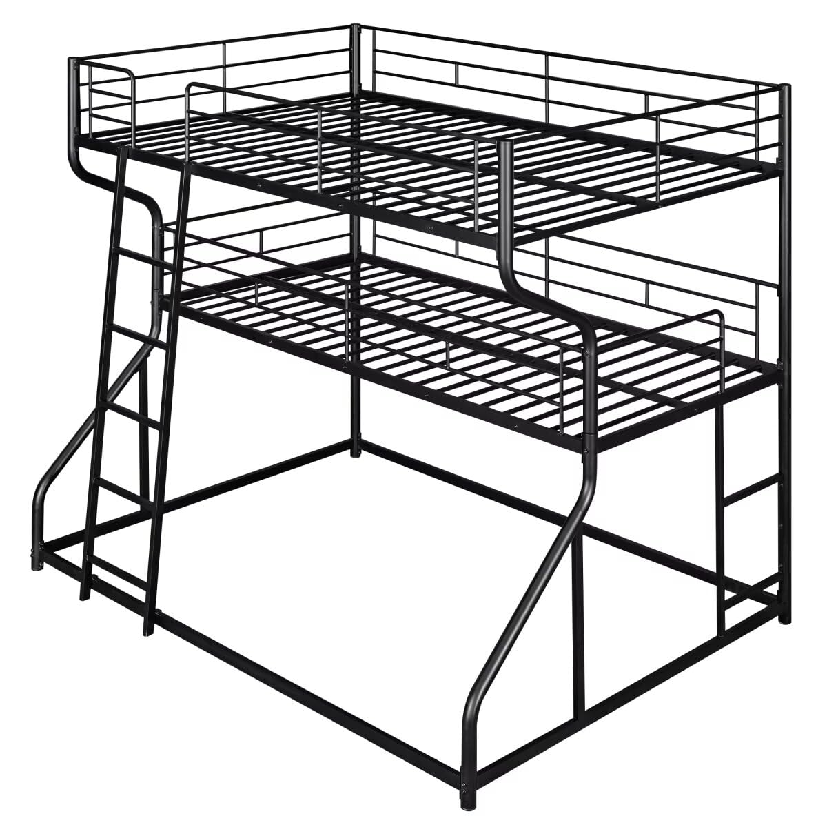 JIJIWANG Full XL Over Twin XL Over Queen Size Triple Bunk Bed with Long and Short Ladder, Unique Curved Metal Frame with Safety Guardrail, Industrial Style Triple Bunk Bed Frame, Black