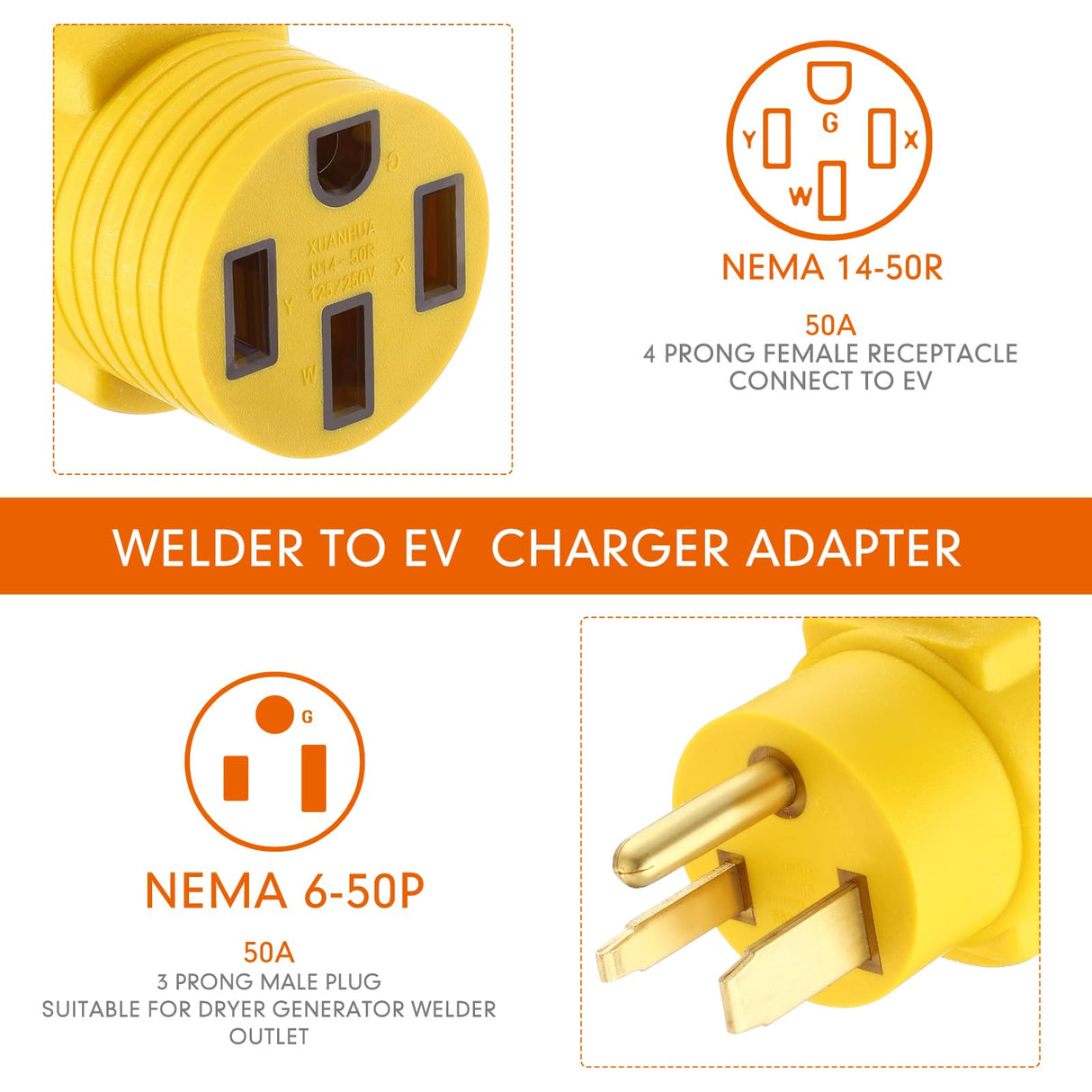 Kanayu EV Charger Adapter Compatible with NEMA 6-50P to 14-50R 50 Amp 3 Prong Welder Plug to 4 Prong Charging Connector, Welder Welding Dryer Charger Power Cord Adapter, EV use only, not for RV Kanayu