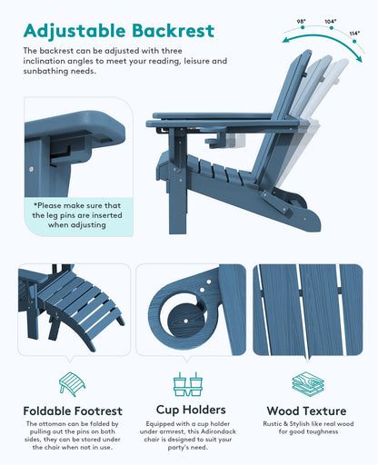SERWALL 5-Piece Adirondack Chair and Ottoman and Table Set, HDPE Weather Resistant Adjustable Backrest Adirondack Chair with Ottoman and Side Table, Navy - WoodArtSupply