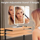 HIGDBFE Small Makeup Vanity Desk 27.5''W with Mirror and Lights, Vanity Desk with 3 Fabric Drawers and Height-Adjustable Stand, Vanity Table for Girls Gifts, Bedroom and Small Spaces, Black HIGDBFE