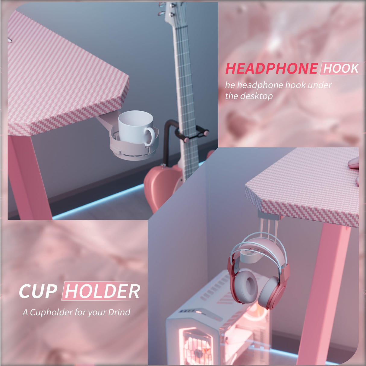 Furmax Gaming Desk Computer Desk Z-Shaped Gaming Table with Carbon Fibre Surface Home Office Desk PC Workstation Desk with Cup Holder, Headphone Hook Modern Style Desk (Pink, 44 inch) Furmax