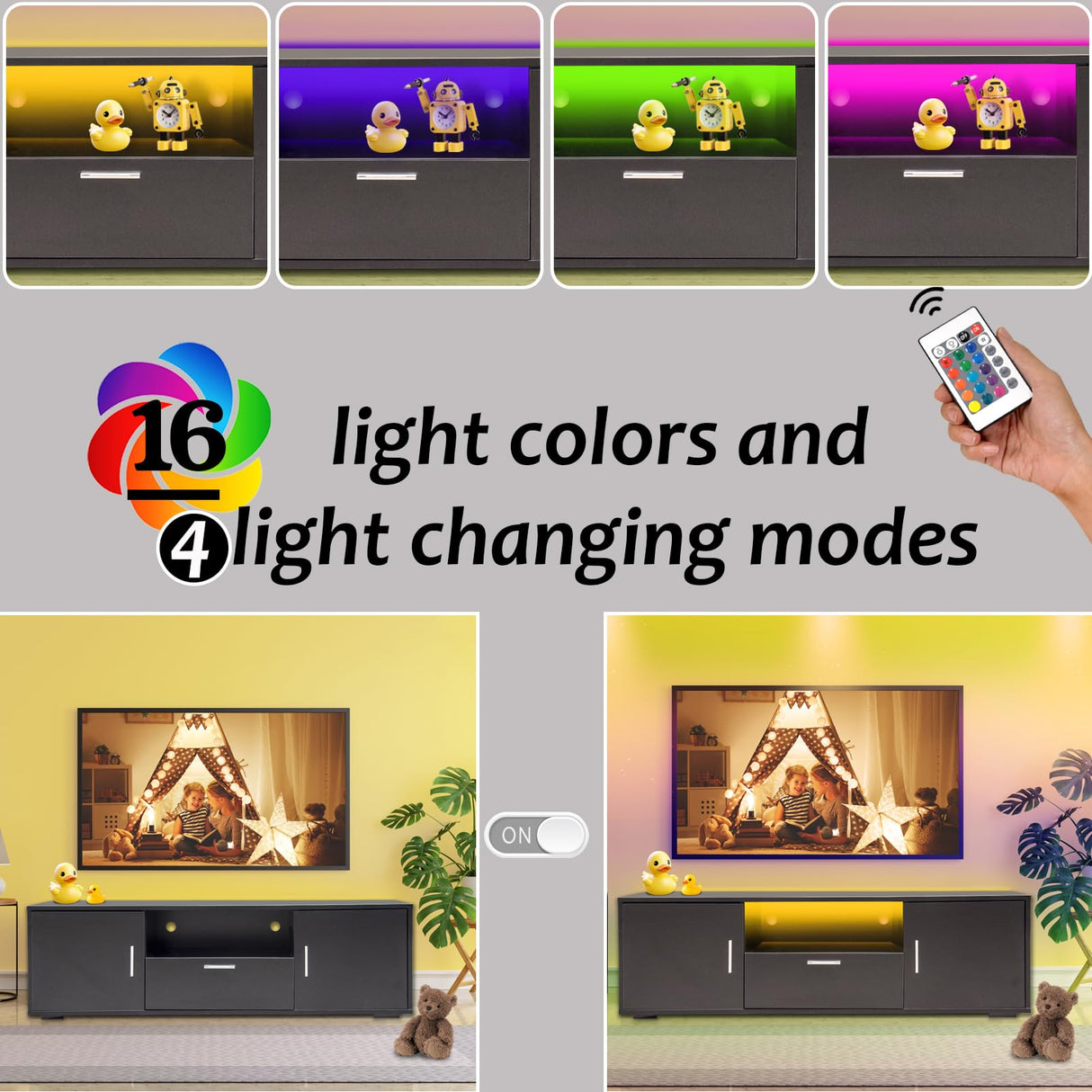 SPRKLINLIN Modern LED TV Stand for 55 Inch TV, Entertainment Center with 4 Storage Drawer and Open Shelves, TV Console Table for Living Room, Bedroom (Black, 55 inch) SPRKLINLIN