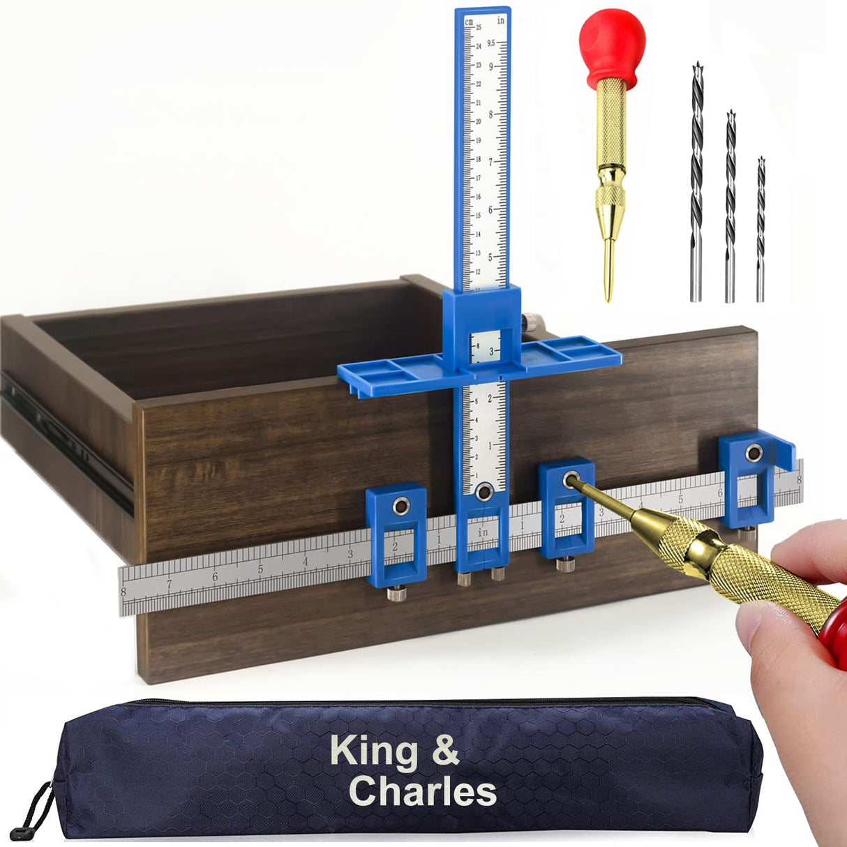 Cabinet Hardware Jig, King&Charles Cabinet Handle Jig + Automatic Hole Punch + Point Drill Bits, Use for Handles Knobs Pulls on Drawers/Doors, Wood Drilling Dowelling Guide Set. King&Charles