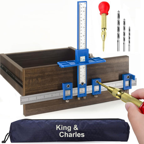Cabinet Hardware Jig, King&Charles Cabinet Handle Jig + Automatic Hole Punch + Point Drill Bits, Use for Handles Knobs Pulls on Drawers/Doors, Wood Drilling Dowelling Guide Set. King&Charles