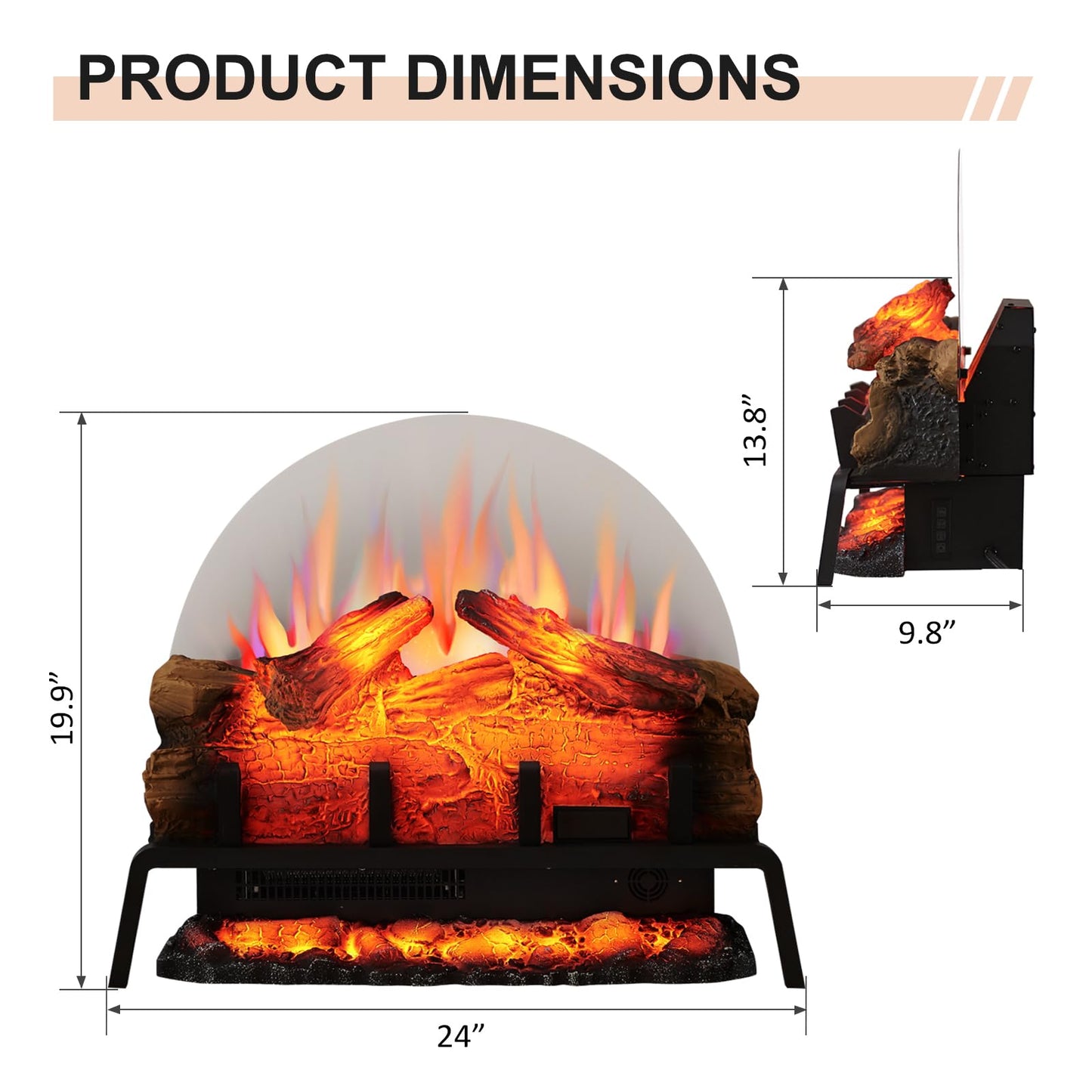 PuraFlame 24" Free Standing Electric Fireplace Log Set Insert, 750W/1500W Heater, 6 Flame Colors with 5 Brightness, Crackling Sound, Remote Control