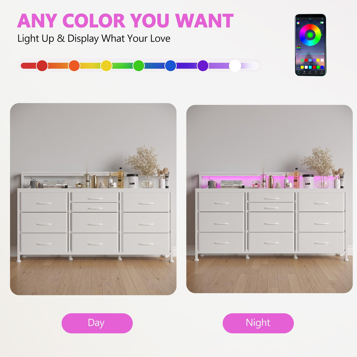 WODRAWER White Dresser for Bedroom with 10 Drawers, 55" W Long Dressers & Chests of Drawers with LED Lights & Power Outlets & Shelves, Fabric Dresser for Closet, Entryway WODRAWER