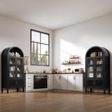 YITAHOME 71" Arched Cabinet Bookshelf Bookcase with LED Light/Wood Display Cabinet with Tempered Glass Doors and Adjustable Shelves/Kitchen Pantry with Storage for Living Room,Dining Room-Black YITAHOME