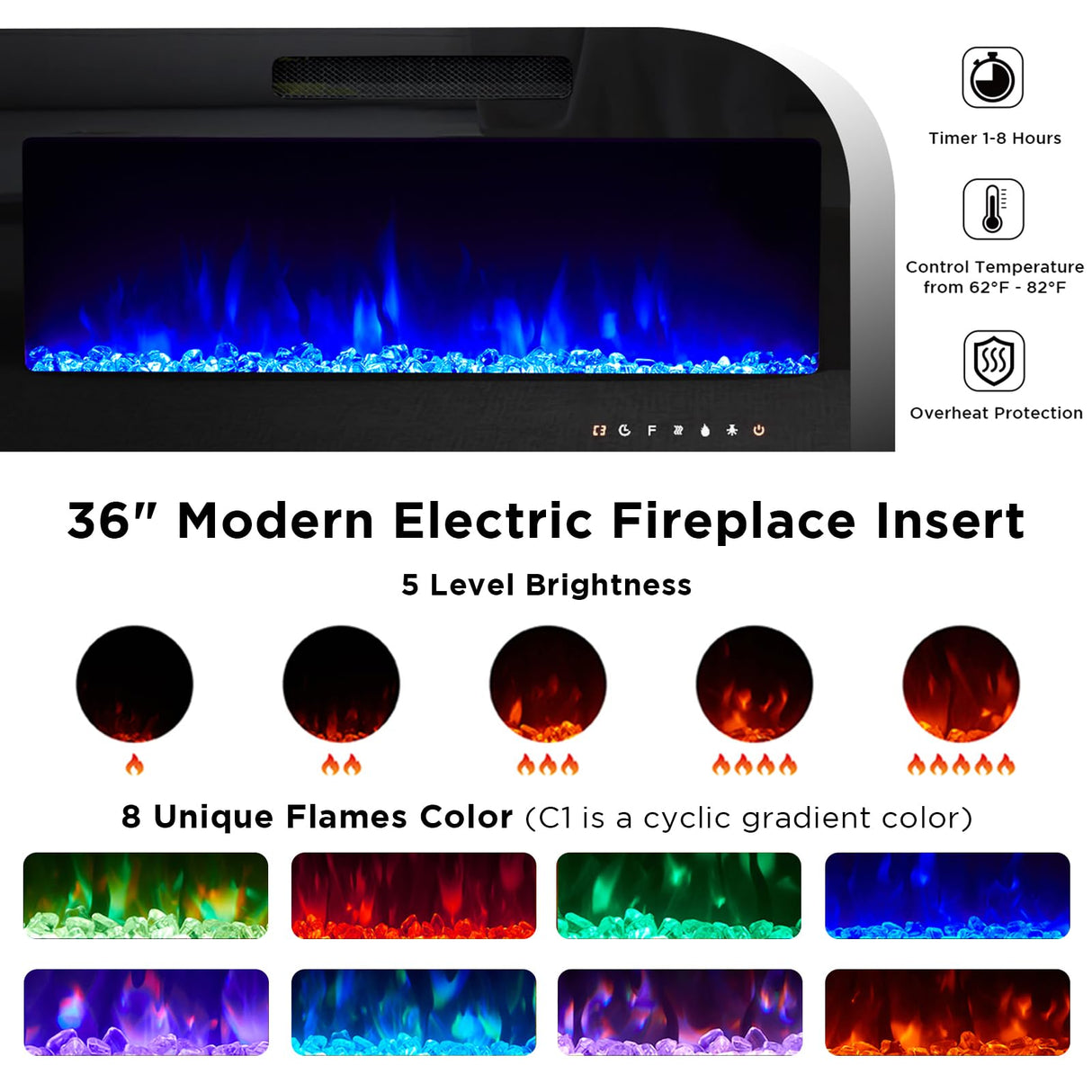 AMERLIFE 70" Modern Fireplace TV Stand with 36" Electric Fireplace & 2 Large Storage LED Bookcases, 3 Piece Living Room Entertainment Center Set for TVs Up to 80in, All Black AMERLIFE