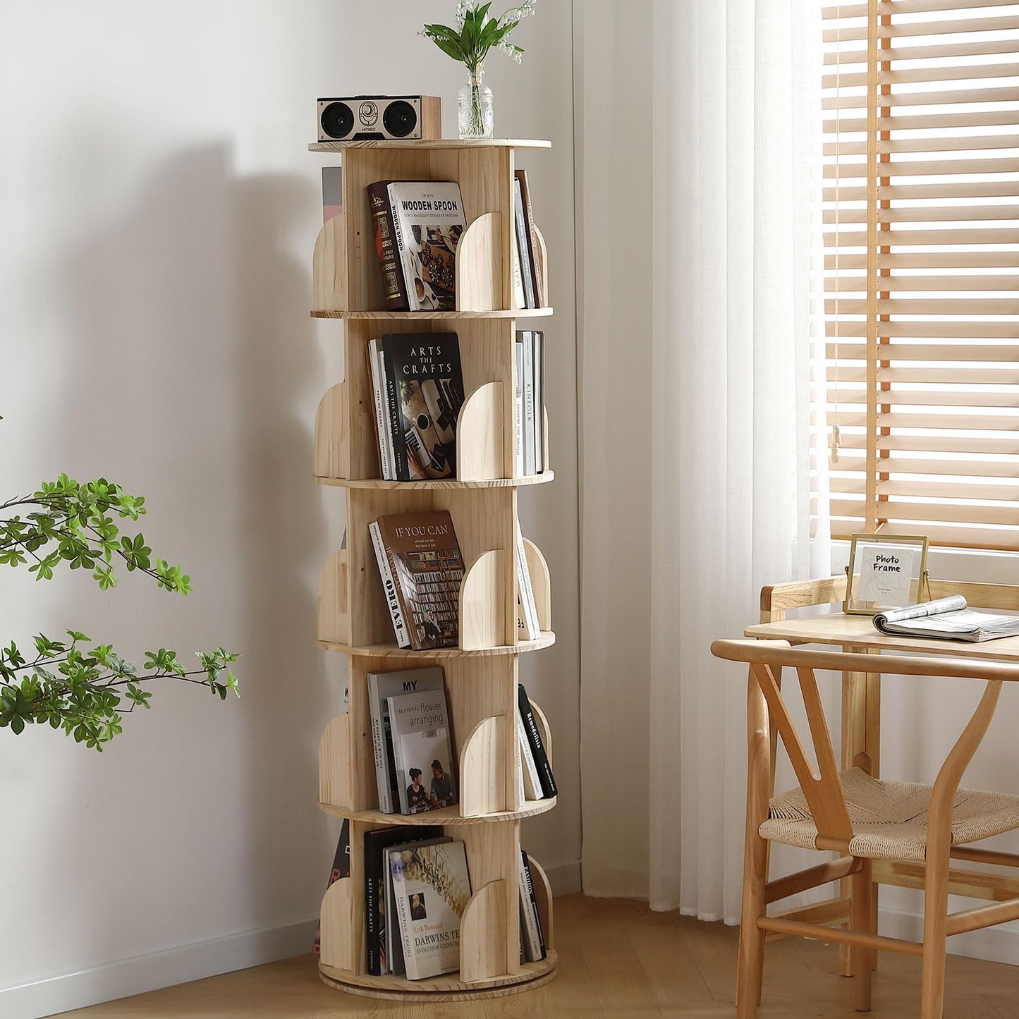 Buzleer 5-Tier Rotating Bookshelf Tower - Solid Wood Corner Bookcase for Efficient Storage - WoodArtSupply