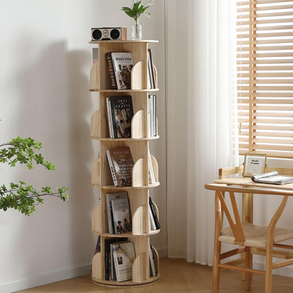 Buzleer 5-Tier Rotating Bookshelf Tower - Solid Wood Corner Bookcase for Efficient Storage - WoodArtSupply