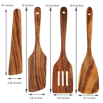 Wooden Spatula for Cooking, Kitchen Set of 4, Natural Teak Wooden Utensils including Paddle, Turner Spatula, Slotted Spatula and Wood Scraper. Nonstick cookware. - WoodArtSupply