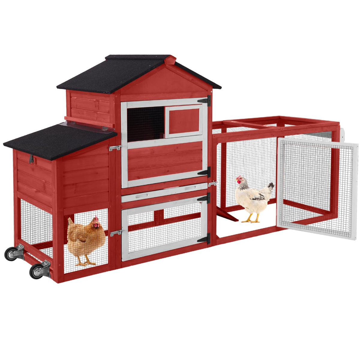 GUTINNEEN Chicken Coop Mobile Hen House On Wheels Easy to Move Wooden Poultry Cage with Nesting Box,Opening Wire Netting Roof,Red GUTINNEEN