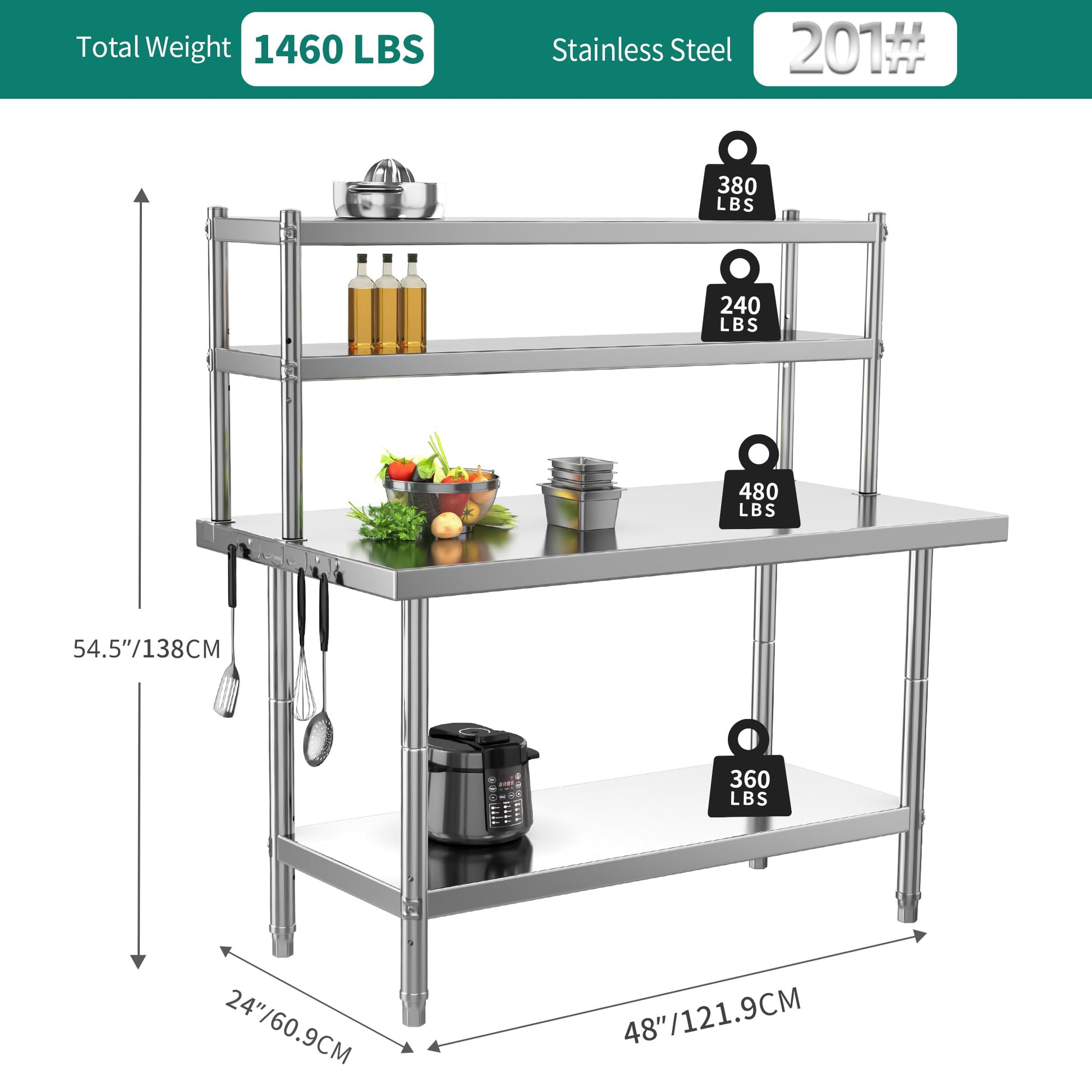 YITAHOME NSF Stainless Steel Table with Overshelves, 48" X 24" Work Table with 48" X 12" Shelf, Metal Table Prep Table for Home Kitchen Restaurant Garage Warehouse - WoodArtSupply