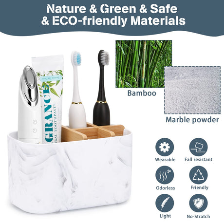 GFWARE Toothbrush Holders for Bathrooms, 5 Slots Bamboo Toothbrush Holder Kids Electric Toothbrush Holder and Toothpaste Holder for Bathroom Countertop Accessories Storage, Marble Toothbrush Organizer GFWARE