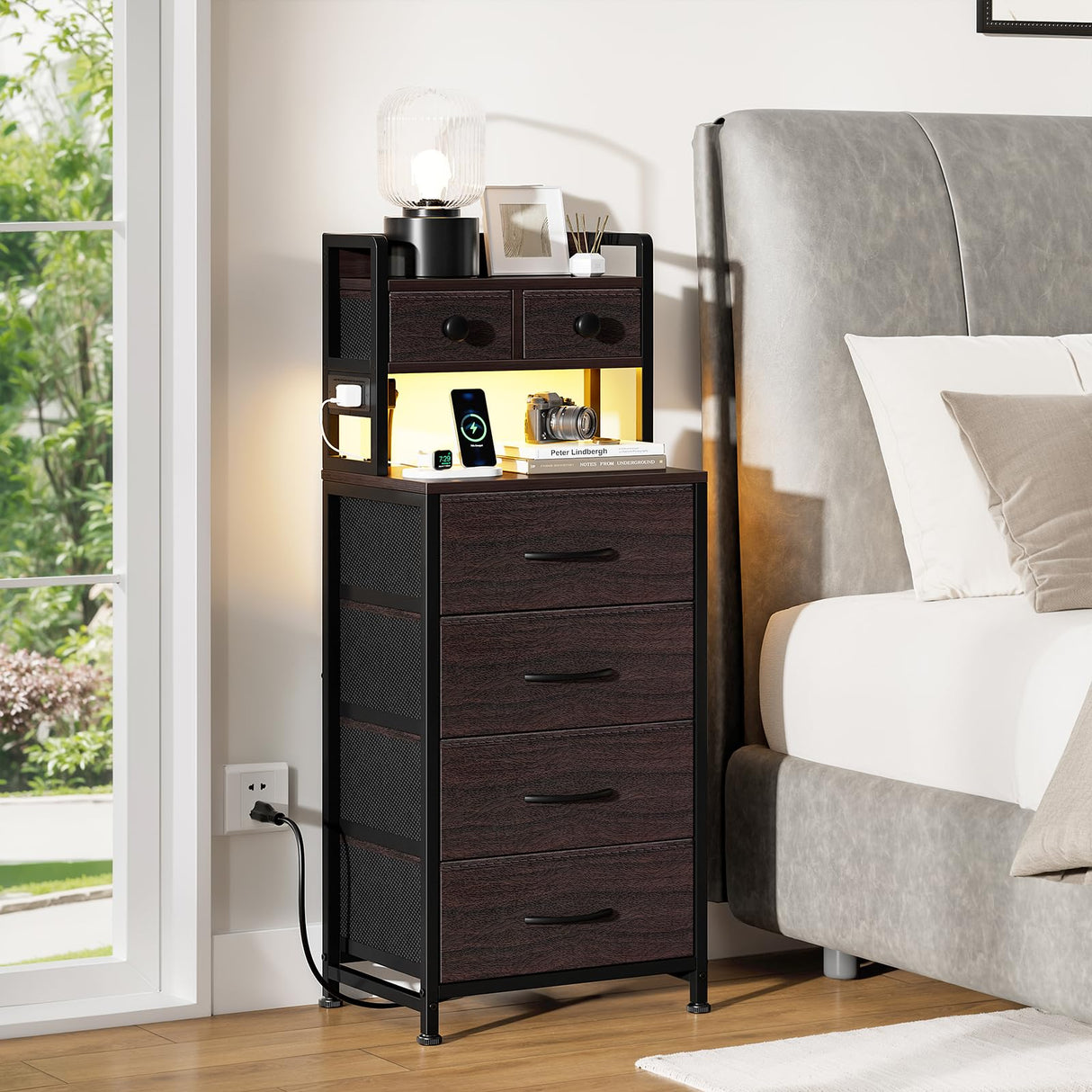 REAHOME 41 Inch Tall Nightstand with Charging Station, LED Night Stand with 6 Fabric Drawers, Bed Side Table with 3-Tier Wood Storage Shelves for Bedroom, Office, Small Spaces, Leather Brown REAHOME