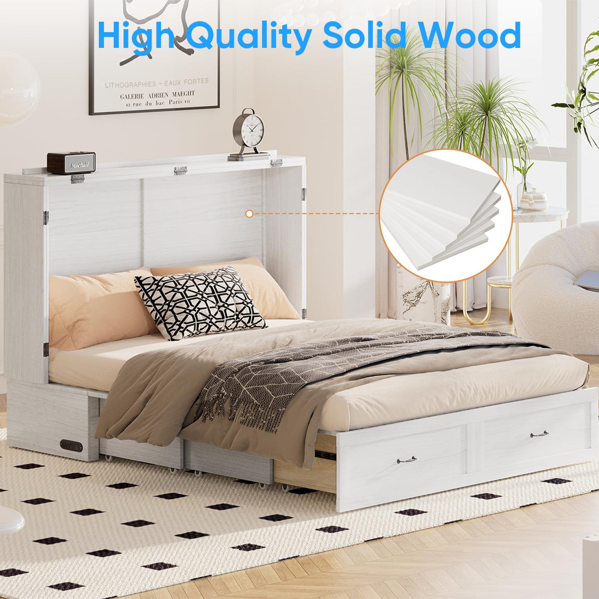 PUREMIND Queen Murphy Bed Cabinet with Mattress Included, Bedroom Cabinet Beds with USB Charging Station, Murphy Chest Bed with Storage Drawers, Horizontal Wallbed for Guest Room White PUREMIND