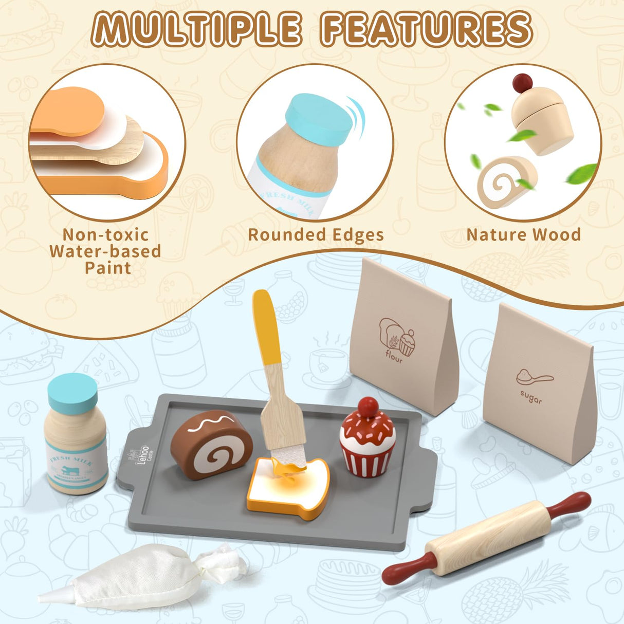 Lehoo Castle Wooden Play Food Set for Kids, Play Kitchen Accessories, Pretend Baking Playset, Cupcakes and Cookie Maker Toys, Preschool Cooking Toys for Toddlers Boys Girls Ages 3+ Lehoo Castle