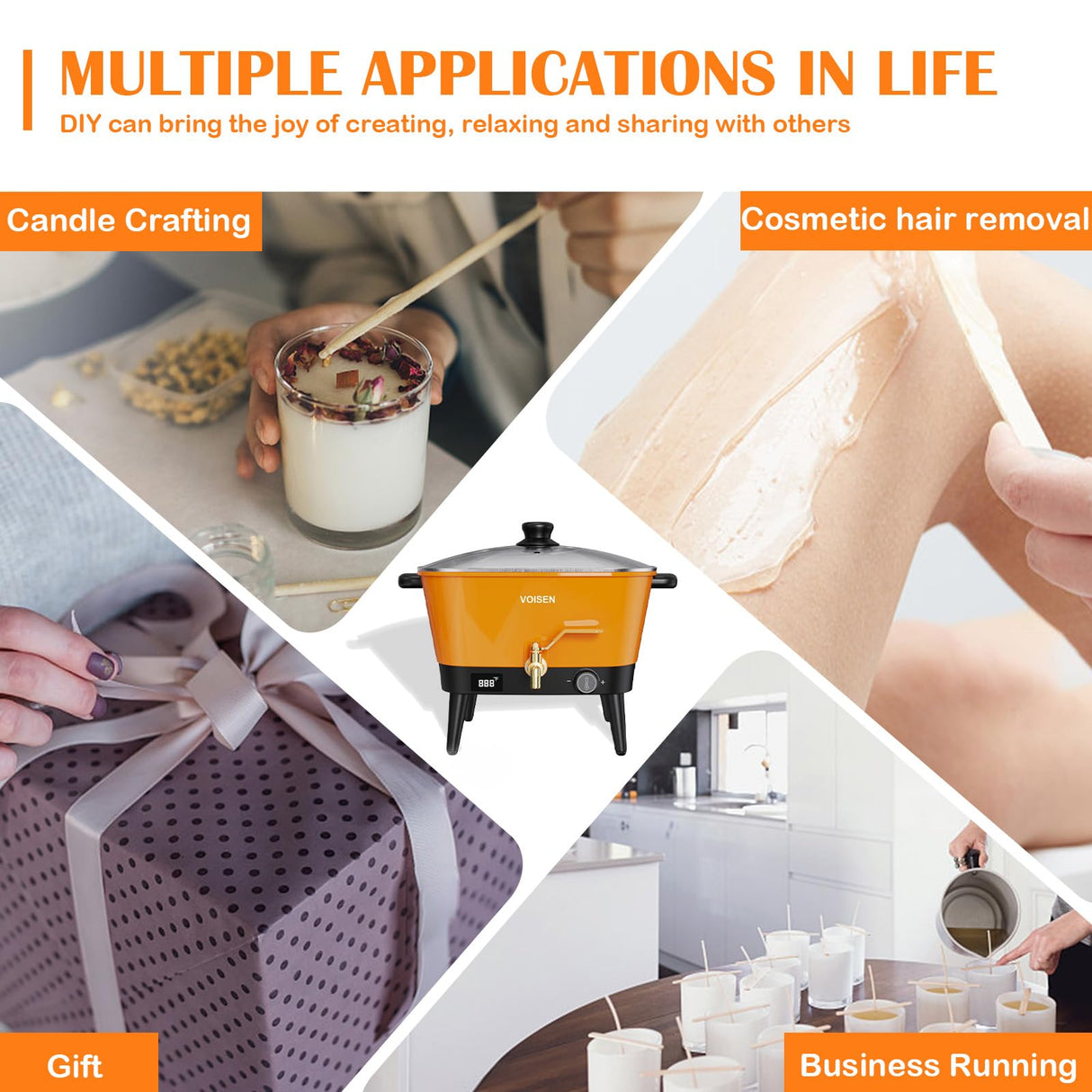 VOISEN Wax Melter for Candle Making, 8Qts Candle Wax Melting Pot with Spout for Soy Wax Soap Base, Electric Wax Melter for Candle Making with Temp Control, Easy Pour,Non-Stick(Orange) VOISEN