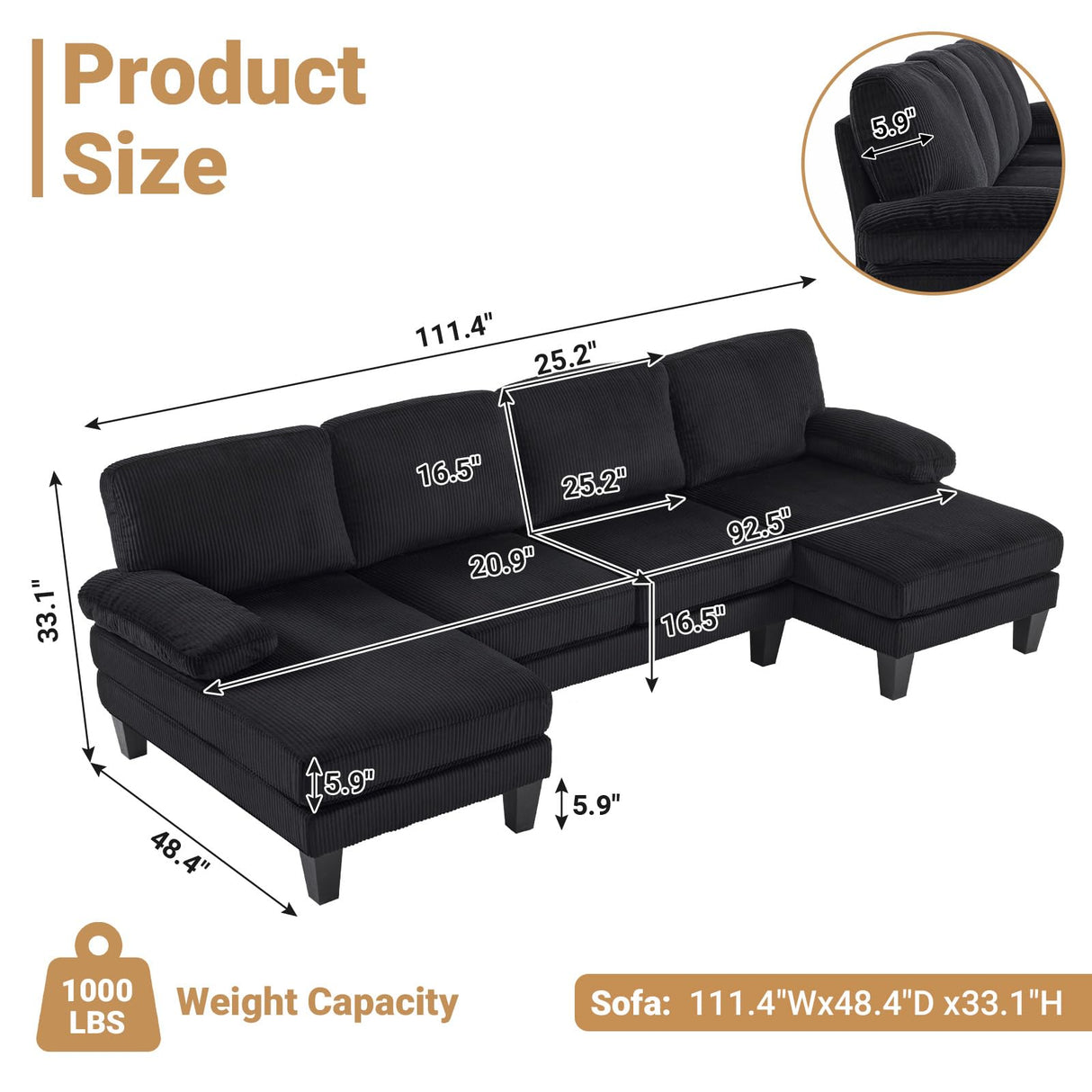 VINGLI 110" Sectional Couches for Living Room,U Shaped Couch with Double Chaise, 4-Seat Sofa Set with Corduroy Fabric for Home Furniture,Black VINGLI