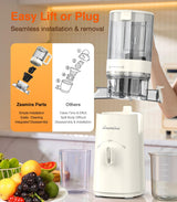 Cold Press Juicer, Updated Masticating Juicer Machines with 5" Feeding Chute Fit Whole Fruits &Vegetables, 99.6% Juice Purity, Streamlined Parts Easier to Clean/1.5L Capacity/2 Cups Included Zasmira