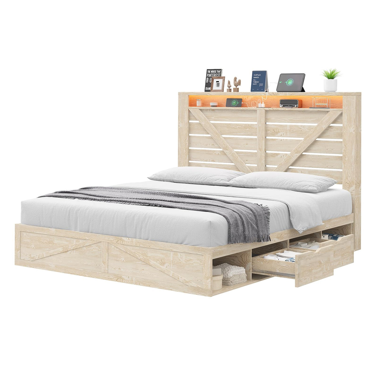 AMERLIFE Farmhouse Bed Frame with 4 Drawers & 4 Open Storage Space, Queen Size Storage Bed with LED Light & Charging Station, Wooden Slats, Noise Free, Rustic White AMERLIFE