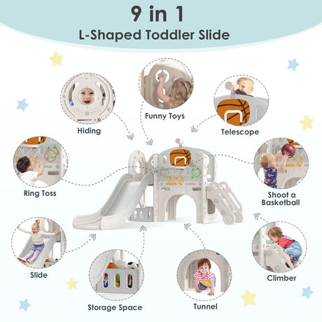 BIERUM 9 in 1 Toddler Playset with Slide, Ring Toss, Basketball Hoop and Telescope - Indoor Outdoor Toddler Playground BIERUM