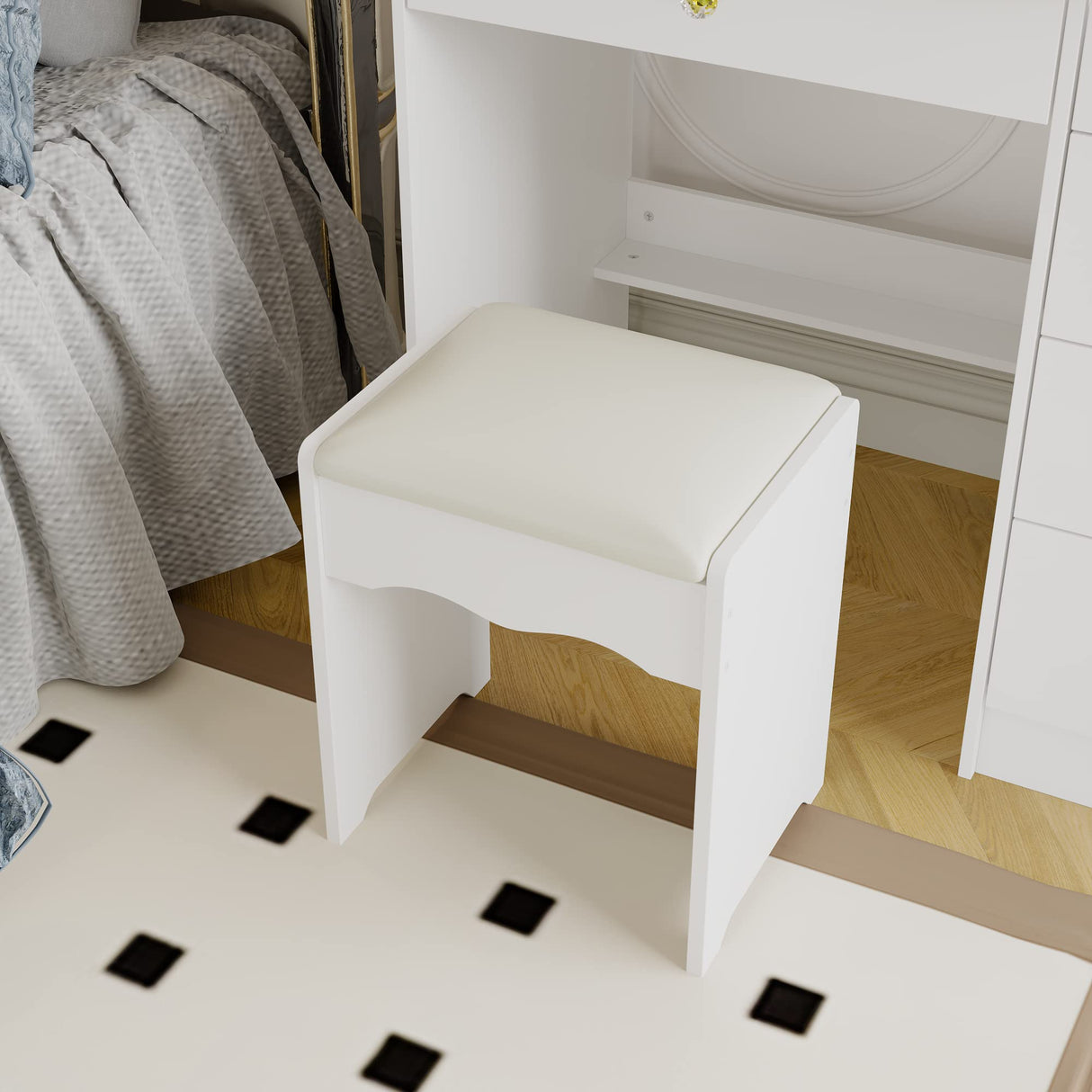 Homsee Vanity Desk Set Makeup Table with Large Sliding Lighted Mirror & Glass Top, Modern Dressing Table with Drawers, Storage Shelves & Stool for Bedroom, White Homsee