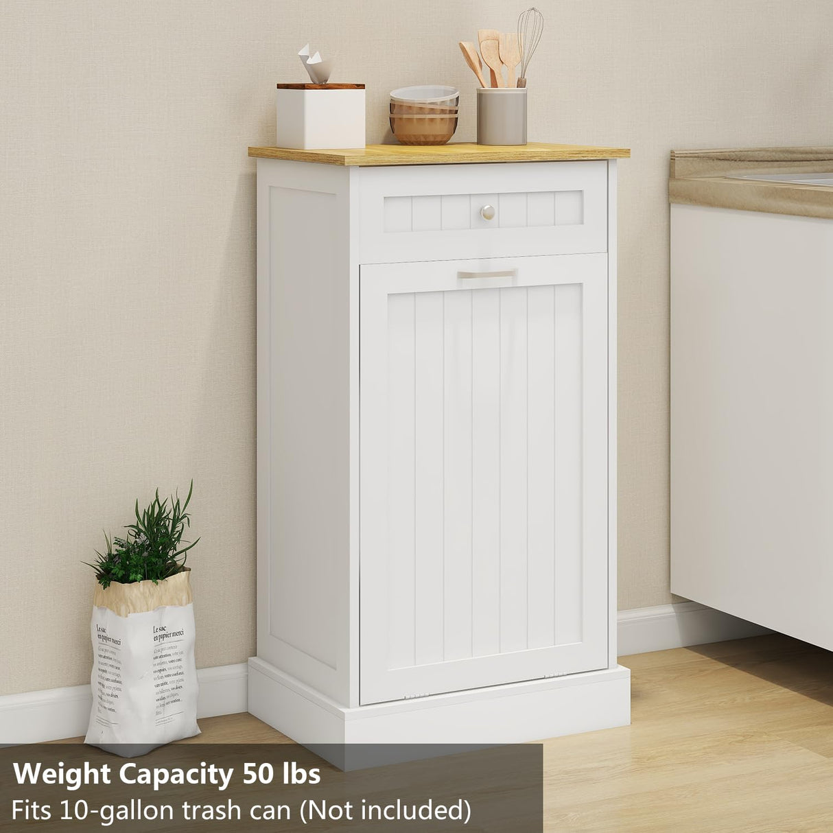 Bocarali Tilt Out Trash Cabinet, 10 Gallon Freestanding Wooden Kitchen Trash Recycling Sorter Cabinet with 2 Drawer, Tilt Out Trash Can Bin Garbage Laundry Cabinet for Living Room, White Bocarali