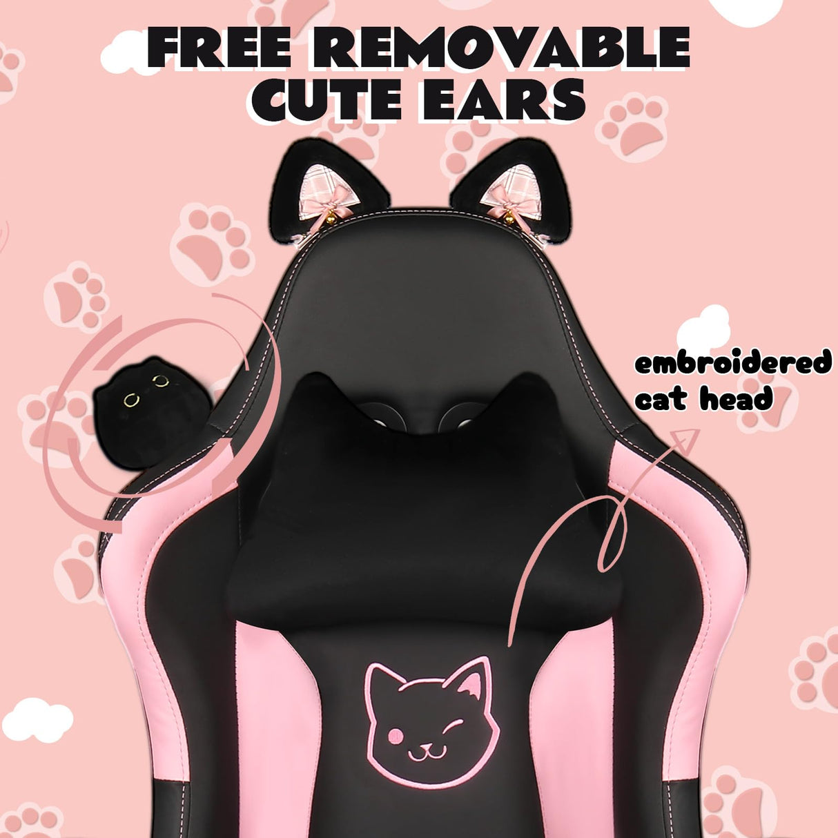 VITESSE Pink Gaming Chair for Girl with Cat Paw Lumbar Cushion and Cat Ears, Ergonomic Computer Chair for Girl with Footrest and Headrest Comfortable Reclining PC Game Chair for Adult,Kid (Black) VITESSE