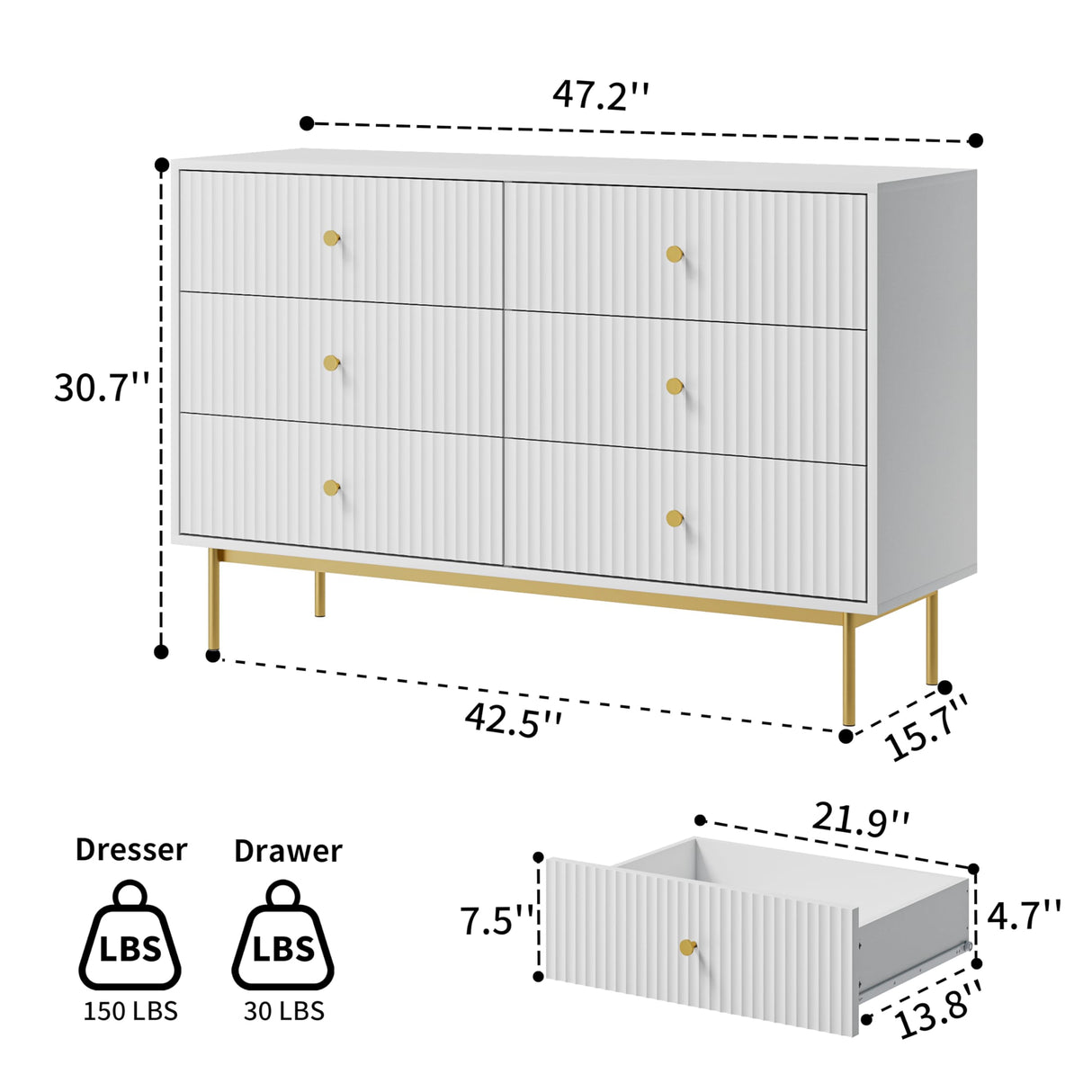 MAISONARIA 6 Drawer Double Dresser for Bedroom, White Dresser with Gold Handles, White 6 Drawer Dresser with Fluted Panels, Modern Wood Dresser Chest for Bedroom MAISONARIA