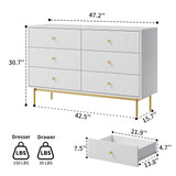 MAISONARIA 6 Drawer Double Dresser for Bedroom, White Dresser with Gold Handles, White 6 Drawer Dresser with Fluted Panels, Modern Wood Dresser Chest for Bedroom MAISONARIA