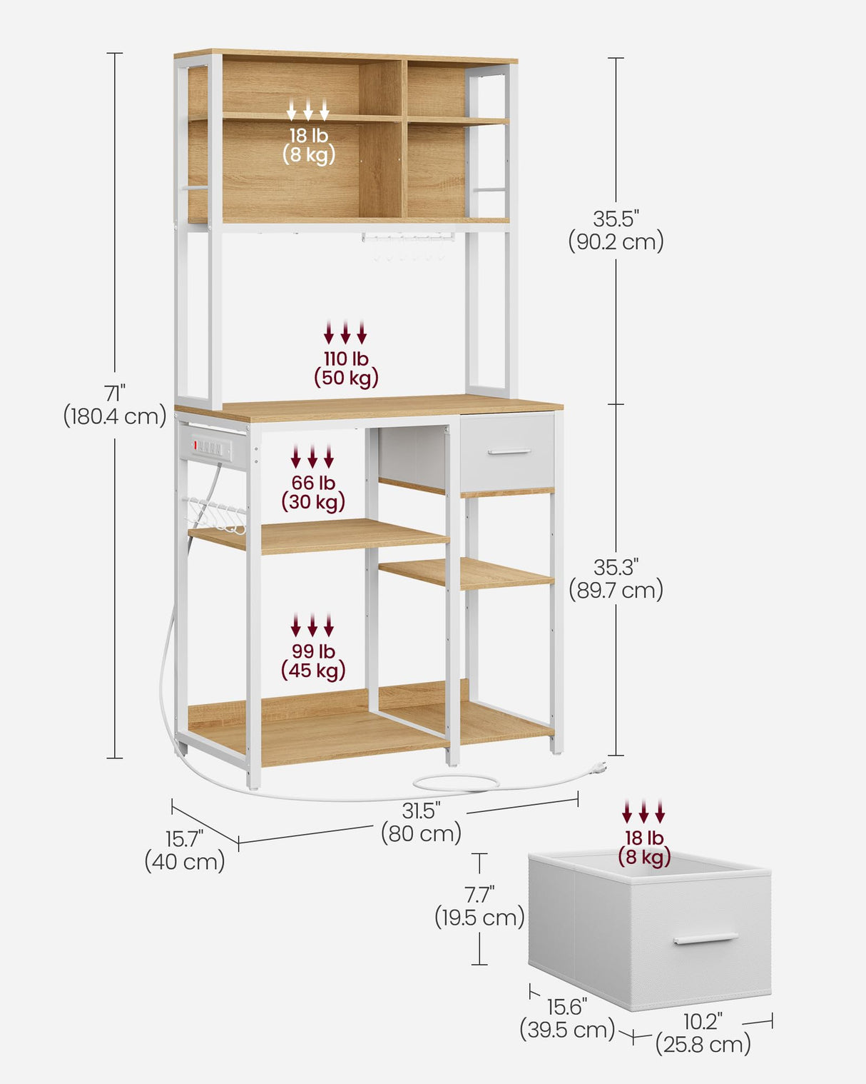 VASAGLE Bakers Rack with Charging Station, Coffee Bar with Adjustable Storage Shelves, Fabric Drawer, 12 Hooks, 15.7 x 31.5 x 71 Inches, Kitchen Microwave Stand, Golden Oak and Cloud White UKKS015Y03 VASAGLE