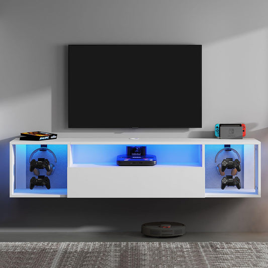 SogesPower Floating TV Stand with Lights,Floating Entertainment Center Wall Mounted LED TV Stand with Storage for Living Room Bedroom,Modern White Floating TV Shelf, 55inch - WoodArtSupply